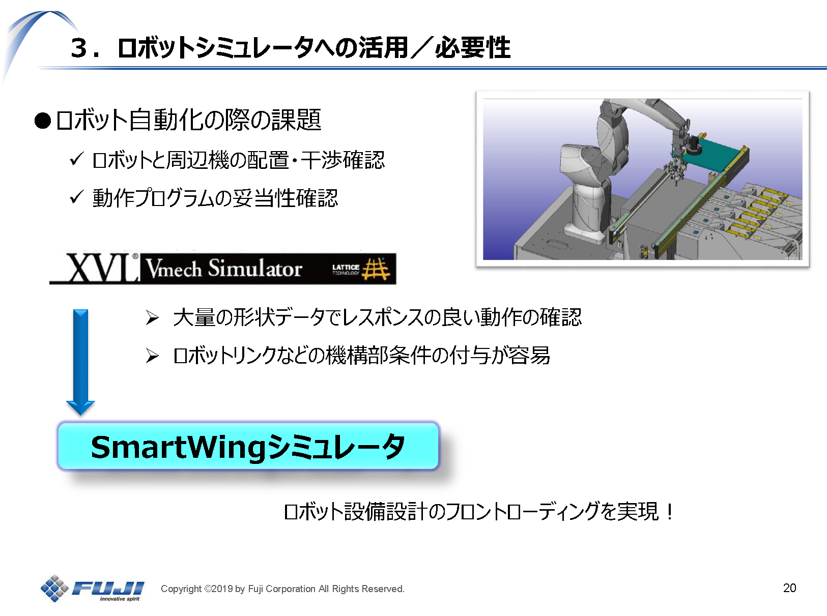 株式会社FUJI「XVL による製造工程の効率化および XVL を利用したロボット SIer 向けプラットフォーム e-Sys のご紹介」（図1、ロボットシミュレータへの活用／必要性）